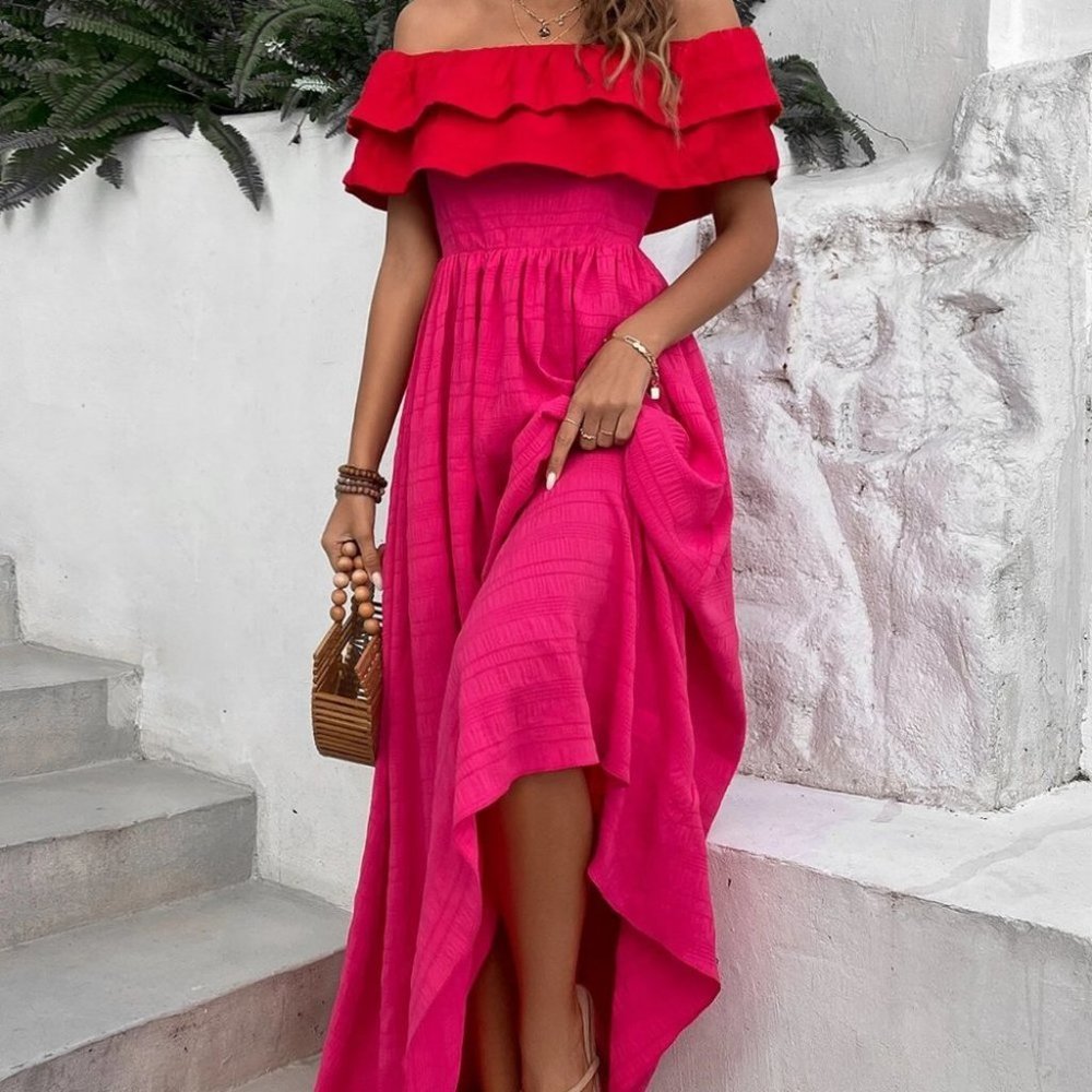 Red Preppy Womens Off Shoulder Ruffle Trim Dress - Picture 5 of 5